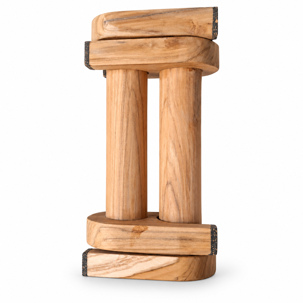 New nesting wooden parallettes packed together, showing two wooden handles and rounded end supports on white.