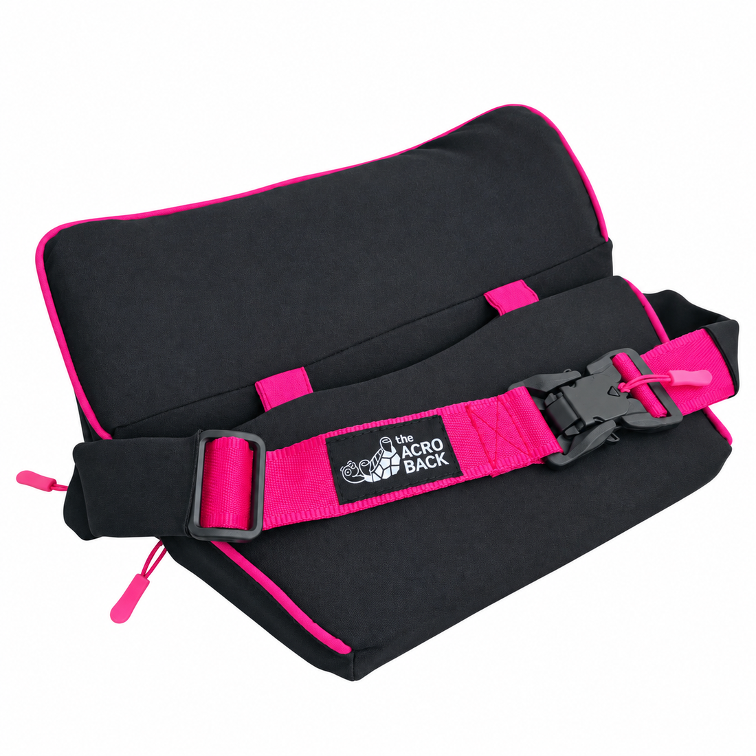 The AcroBack Big Poppa noir à passepoil Berry Pink, ouvert, avec son support profilé et sa sangle.