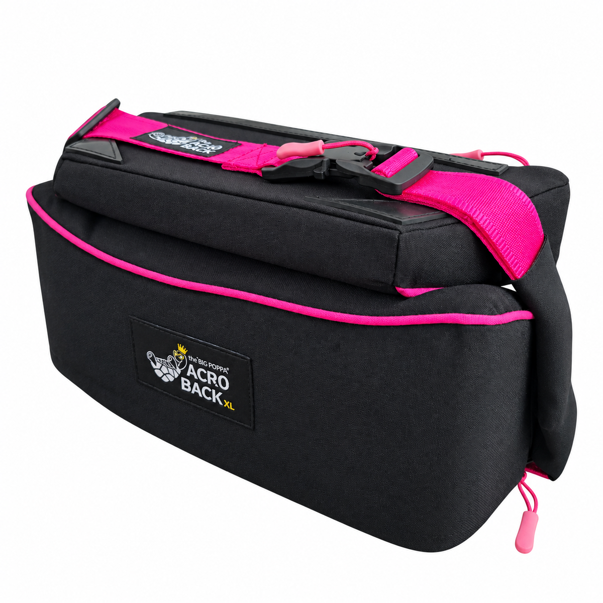 The AcroBack Big Poppa in Berry Pink with black fabric. Folded angled view showing pink strap, buckle and silicone grip pieces. Regular size photographed; colour reference for both sizes.