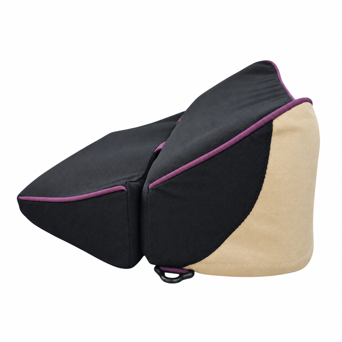 The AcroBack Big Poppa in Desert Bloom, open side-angle view showing black and sand fabric, purple piping and the curved side-panel seam exclusive to this color. Shared color reference image for Regular and Wide sizes.