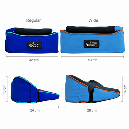 The AcroBack Big Poppa Regular and Wide side by side, with front and side views. Regular: 32 × 24 × 13 cm; Wide: 40 × 28 × 14 cm.