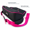 The AcroBack Big Poppa Wide in Berry Pink, with callouts for contoured hip support and soft top comfort layer.