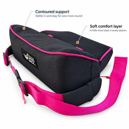 The AcroBack Big Poppa Wide in Berry Pink, with callouts for contoured hip support and soft top comfort layer.
