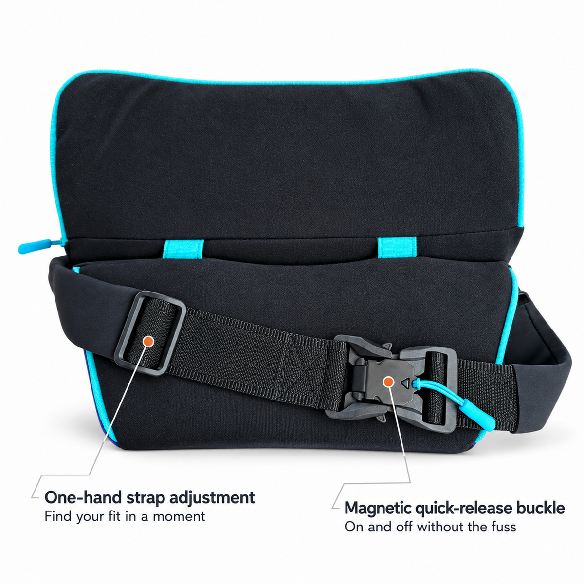Rear view of The AcroBack Big Poppa Wide in Azure Blue, showing the magnetic quick-release buckle and one-hand strap adjustment.