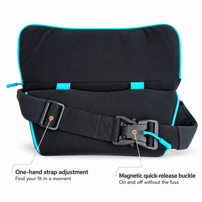 Rear view of The AcroBack Big Poppa Wide in Azure Blue, showing the magnetic quick-release buckle and one-hand strap adjustment.