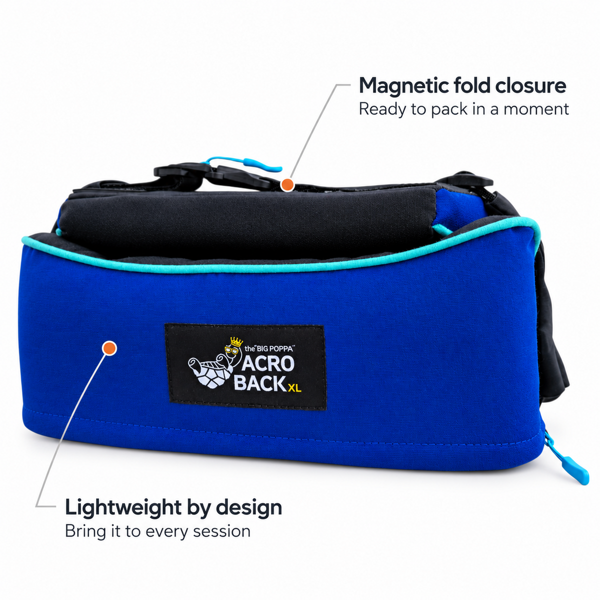 The AcroBack Big Poppa Wide in Azure Blue folded for travel, showing its magnetic fold closure and lightweight design.