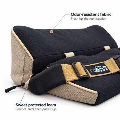 The AcroBack Big Poppa Wide in Dune, with close views of its odor-resistant cover and sweat-protected foam.