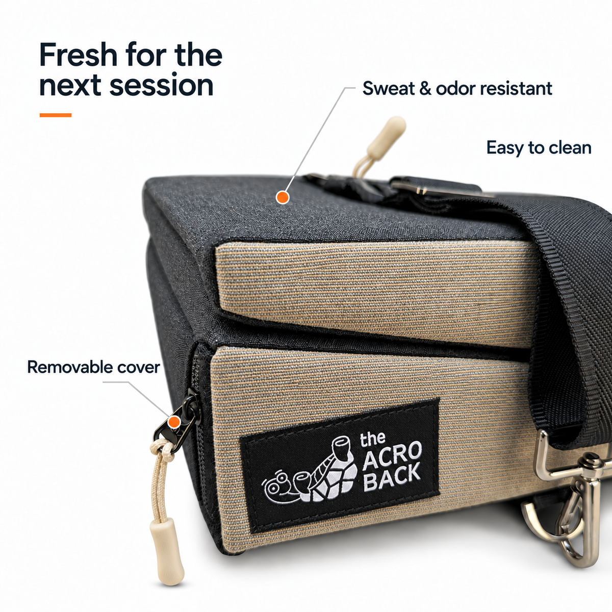 The AcroBack Go in slate and tweed, showing its removable cover and zipper, with sweat and odor resistance and easy-clean care callouts.
