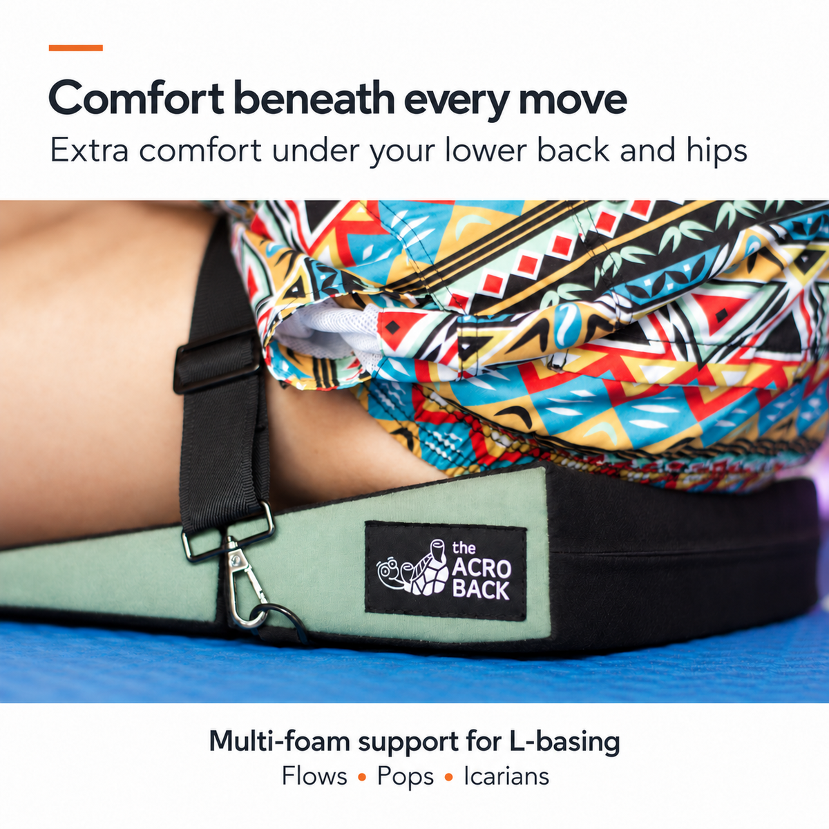Mint and black AcroBack Go beneath a base's lower back and hips on a blue mat, with multi-foam comfort callouts for L-basing, flows, pops and Icarians.