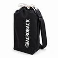 Black AcroBack Travel Bag with white AcroBack logo, drawstring closure and adjustable shoulder strap, on a white background.