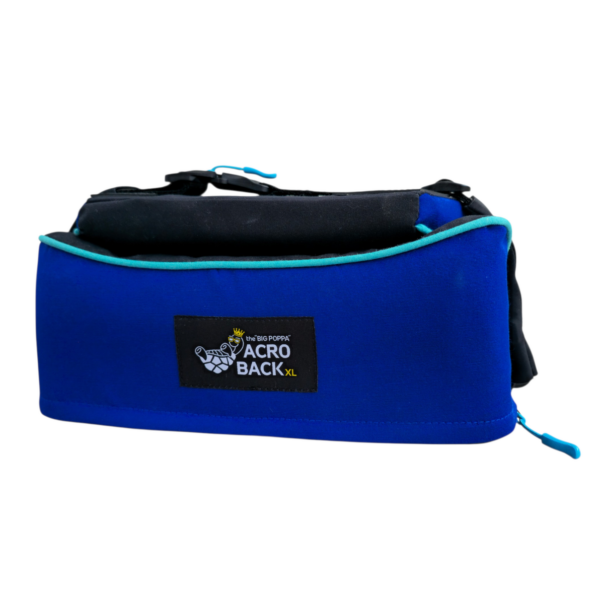 The AcroBack Big Poppa Wide in Azure Blue folded closed, front view with turquoise piping and removable strap.