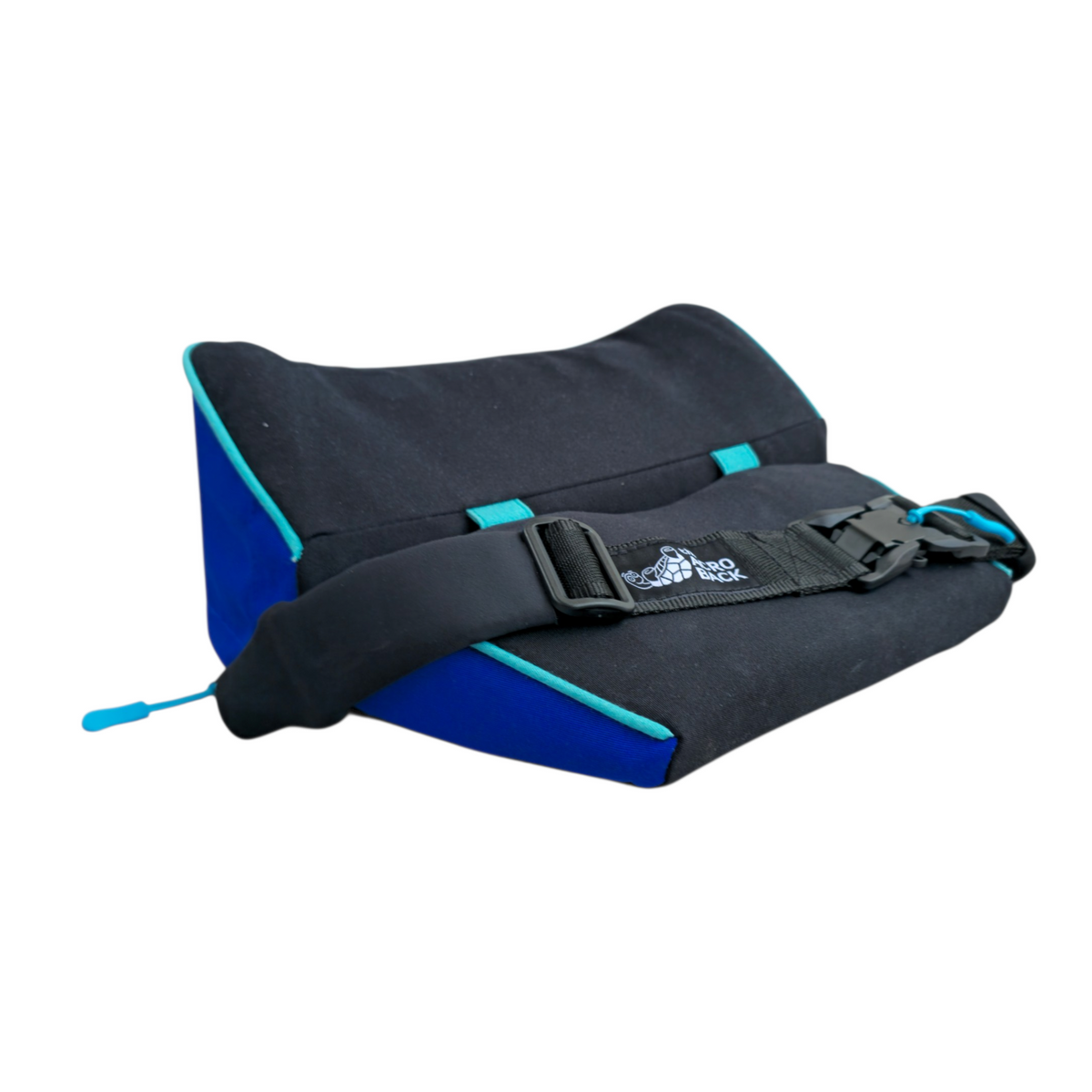 The AcroBack Big Poppa Wide in Azure Blue open three-quarter view showing the hip and lumbar support shape.