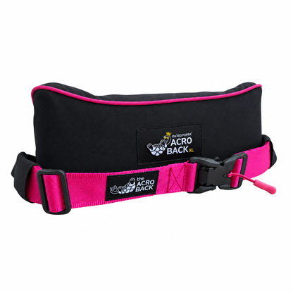The AcroBack Big Poppa in Berry Pink with black fabric. Folded front view showing logo label, pink piping and carrying strap. Regular size photographed; colour reference for both sizes.