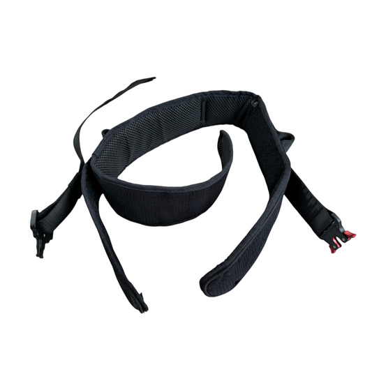 FlyCarian AcroYoga Spotting Belt opened to show the padded waist belt, mesh interior, closure flaps and buckle halves.