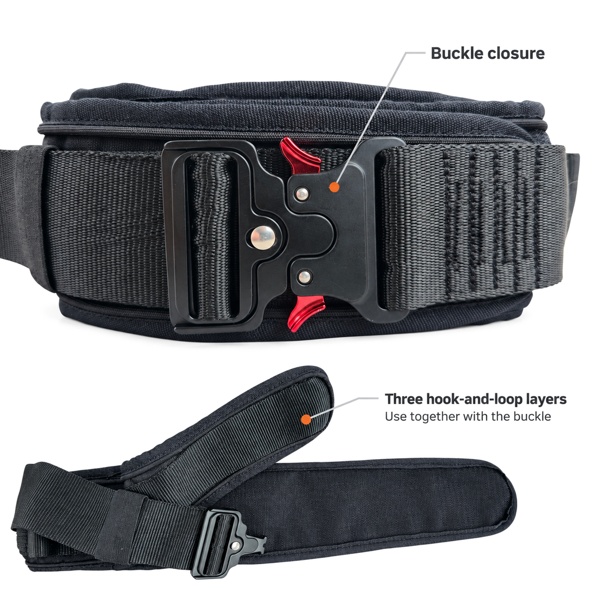 Closed front buckle and open hook-and-loop waist flaps of the FlyCarian Spotting Belt. The three hook-and-loop layers are used together with the buckle.