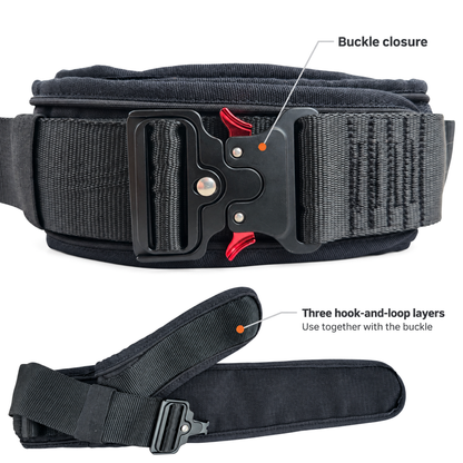 Closed front buckle and open hook-and-loop waist flaps of the FlyCarian Spotting Belt. The three hook-and-loop layers are used together with the buckle.