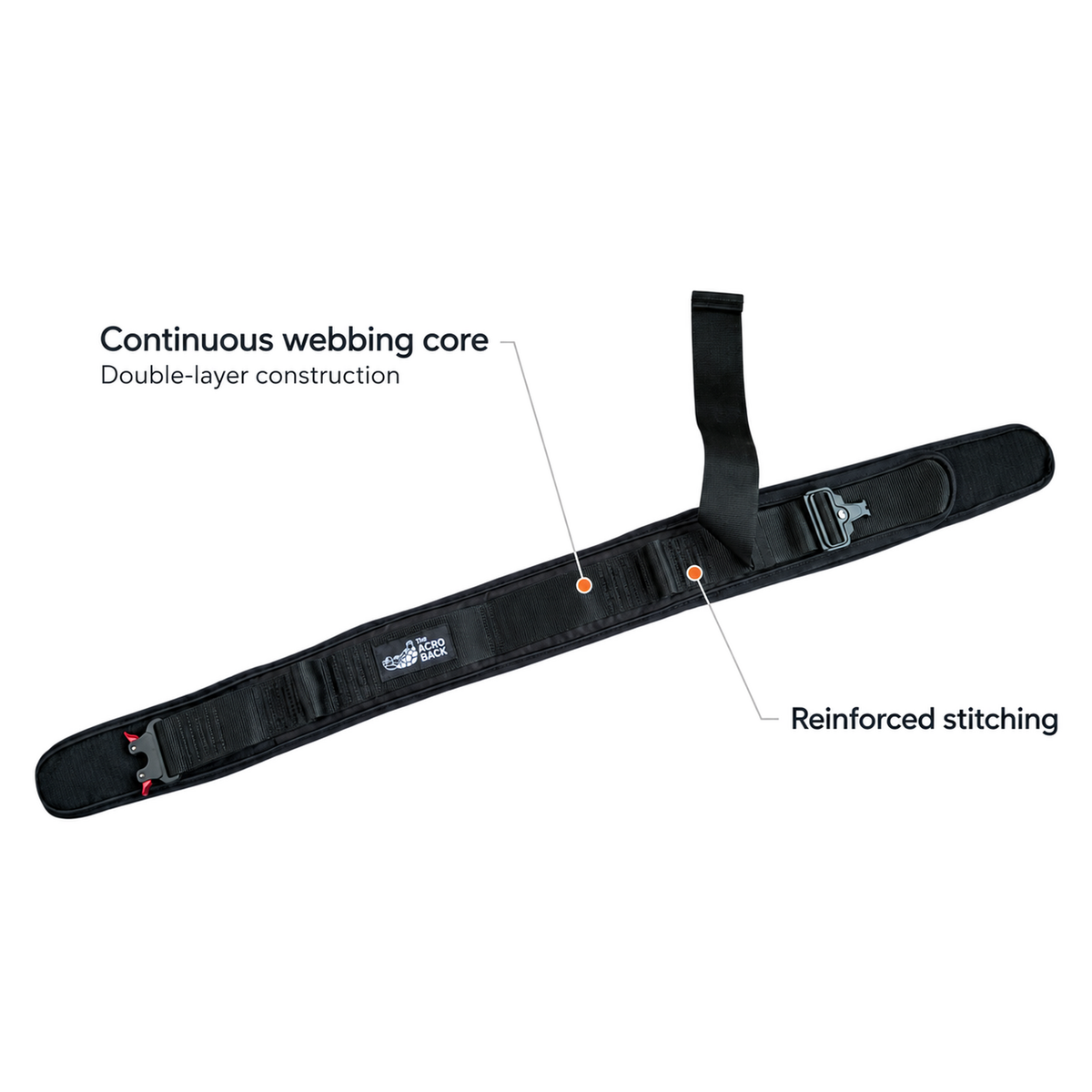 FlyCarian Spotting Belt laid open with callouts for its continuous double-layer webbing core and reinforced stitching.