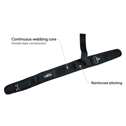 FlyCarian Spotting Belt laid open with callouts for its continuous double-layer webbing core and reinforced stitching.