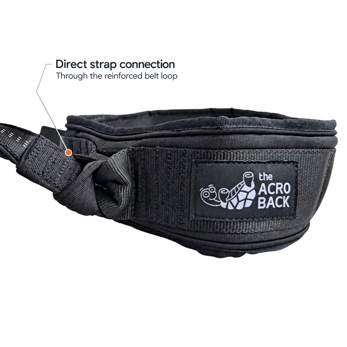 Close-up of the FlyCarian spotting strap looped directly through the reinforced side loop on the belt.