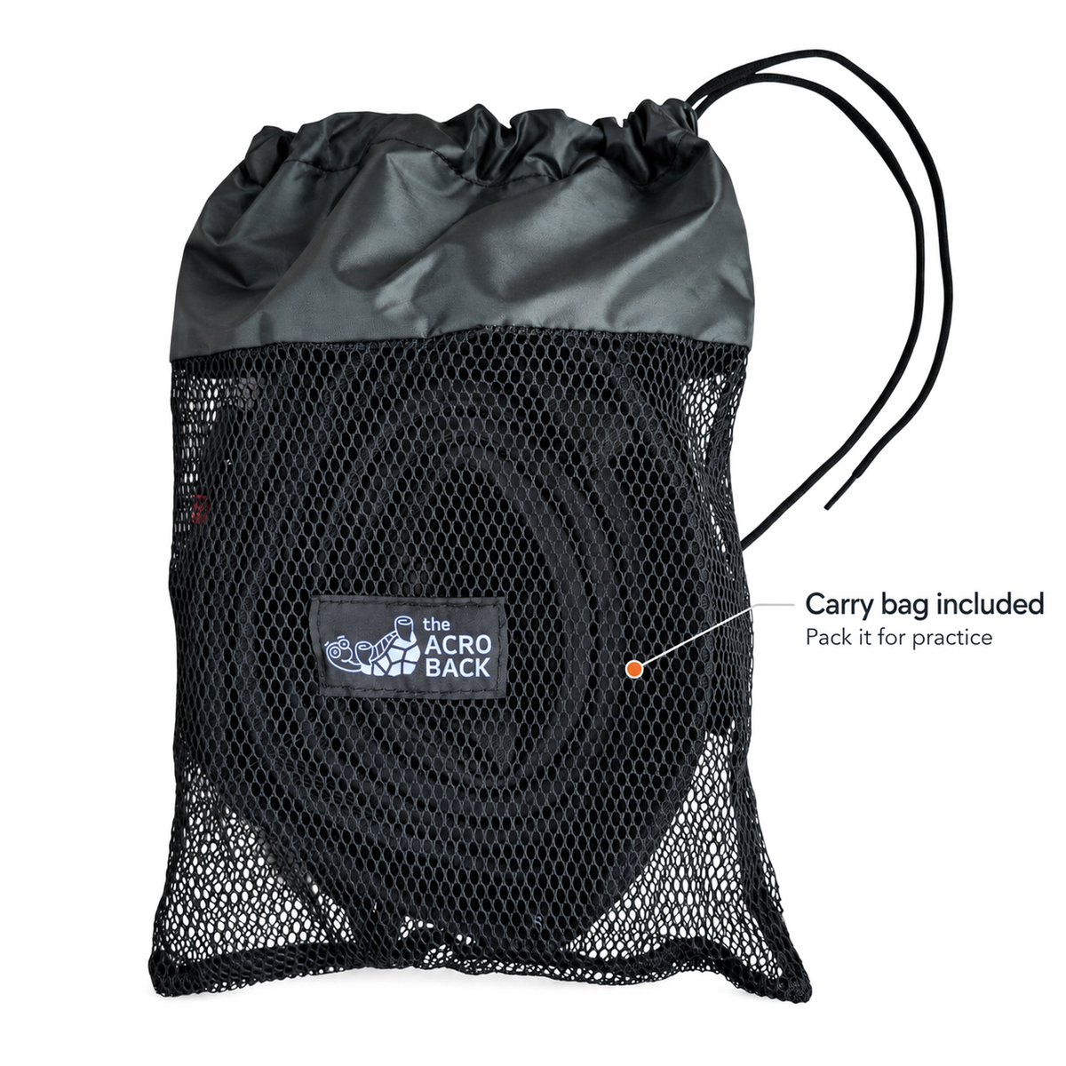 Single drawstring carry bag with a mesh lower section and a FlyCarian Spotting Belt packed inside. Carry bag included.