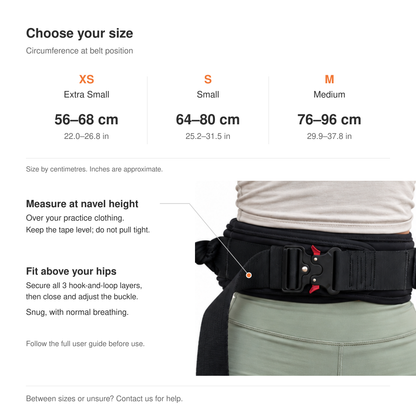 FlyCarian spotting belt size guide: Extra Small 56–68 cm (22.0–26.8 in), Small 64–80 cm (25.2–31.5 in), and Medium 76–96 cm (29.9–37.8 in). Measure at navel height over practice clothing; fit above the hips and secure all three hook-and-loop layers and the buckle.